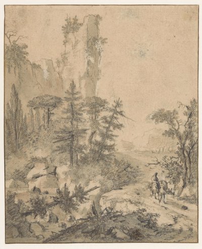 Estrada de montanha com homem com duas mulas de Cornelis de Wael