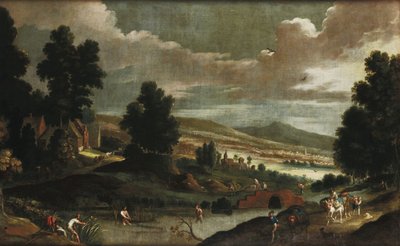 Paisagem com viajantes e pescadores de Cornelis de Wael