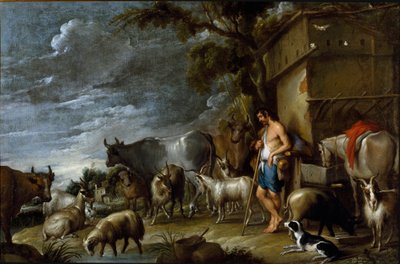 Pintura por Cornelis De Wael (1592-1667), cerca de 1630-1639. Arte flamenga. A história do filho pródigo: a guarda dos porcos. Guardião do rebanho com porco, cinturão, cabra, vaca, cabra, cavalo, cão e ovelha. Óleo sobre tela. Dim: 57x86cm. Colecção privad de Cornelis de Wael