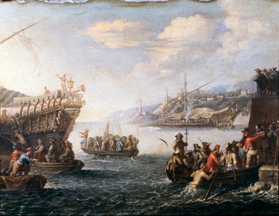 Soldados embarcando para combater os turcos no porto de Genoz (Pintura de Cornelis de Wael