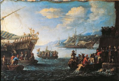 Tropas embarcadas em galé no porto de Génova de Cornelis de Wael