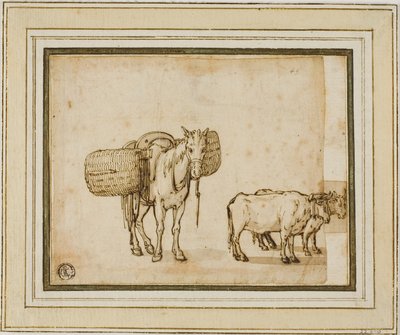 Dois esboços: Mula a transportar cestos, par de bois de jugo de Cornelis de Wael