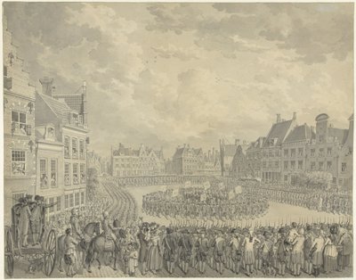 Juramento do Conselho de Comissários pelos oficiais artilheiros no Neude em Utrecht, 1786 de Cornelis van Cuylenburgh (II) (signed by artist)