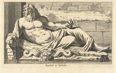 Estátua de Neptuno na fonte do Capitólio em Roma
Neptuno no Capitólio (título sobre o objecto)
Propriedade que representa uma centena das mais famosas estátuas ou esculturas antigas em pé em Roma (título da série) de Cornelis van Dalen (I)