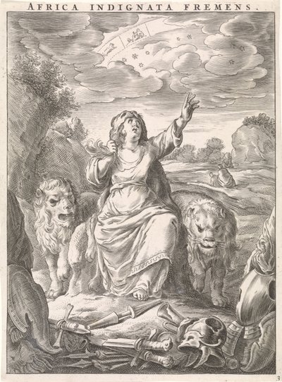 Personificação feminina do continente africano como uma mulher com pele de leão sentada entre leões Africa indignata fremens (título no objeto) Quatro continentes (título da série) de Cornelis van Dalen (II)