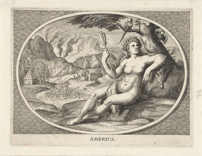 Personificação feminina da América do continente como mulher com o cabeleireiro de penas e flecha na paisagem
América (título sobre o objecto) de Cornelis van Dalen (II)