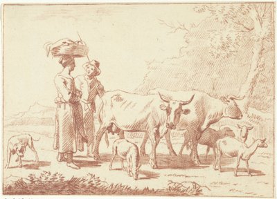Pastor e uma mulher com vacas e ovelhas de Cornelis van Noorde