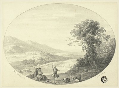 Paisagem italiana com dançarino, músicos e cabras de Cornelis van Poelenburgh