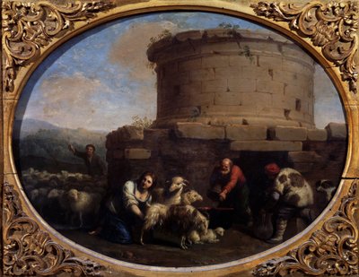 Pastores, rebanhos e agricultores em uma fonte em Roma (óleo sobre tela) de Cornelis van Poelenburgh