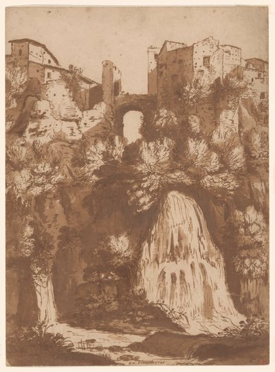 Vista do Tivoli com a Ponte sobre a Cachoeira do Anio de Cornelis van Poelenburgh