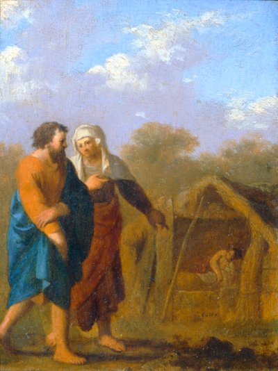 Sara pede a Abraão que aceite Agar como sua segunda mulher ... de Cornelis van Poelenburgh or Poelenburch