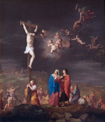 A Crucificação, Com A Queda dos Anjos Rebeldes (óleo sobre painel de carvalho) de Cornelis van Poelenburgh or Poelenburch