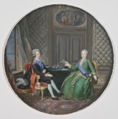Gustav III da Suécia (1746-1792) e Catarina II da Rússia (1729-1796) em Fredrikshamn (actual Hamina, Finlândia) - Rei Gustav III da Suécia e Catarina II da Rússia em Fredrikshamn, por Hoyer, Cornelius (1741-1804). Aquarela em pergaminho de Cornelius Hoyer