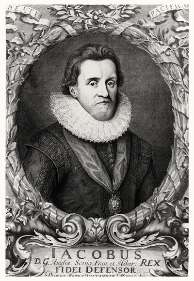 Retrato de James I, rei da Grã-Bretanha, gravado por R.White, 1669 de Cornelius I after Johnson