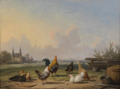 Galinhas em frente de uma vasta paisagem de Cornelius Van Leemputten