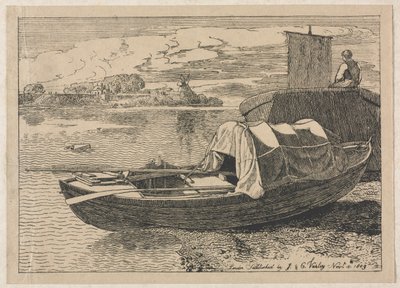 Barcos em um rio, moinho de vento na distância, 1809. de Cornelius Varley
