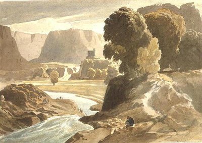 PD.4-1967 Paisagem montanhosa com um castelo (possivelmente uma vista no País de Gales), c.1802-3 (aquarela e lápis sobre papel) de Cornelius Varley