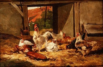 Galinhas em um celeiro (uma de um par) de Cornelius van Leeputten