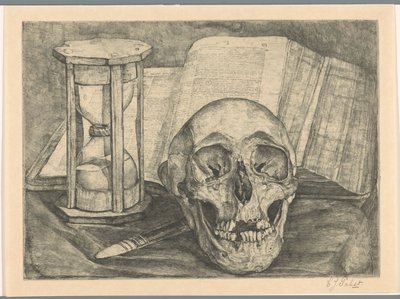 Natureza morta com uma caveira, uma ampulheta, um livro e uma faca de Corrie Pabst (signed by artist)
