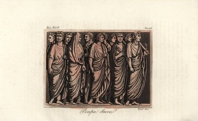 Nobres romanos em coroas de louros e toga em rito sacrificial de Corsi Corsi