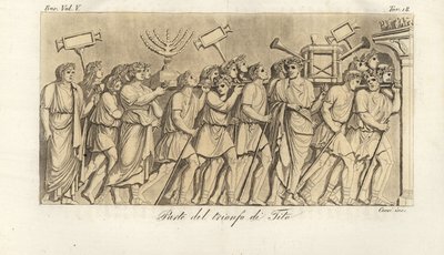Soldados romanos marcham em procissão com espólios de guerra ou spolia no Arco de Tito, o arco do triunfo celebrando a vitória do imperador Tito sobre Jerusalém de Corsi Corsi