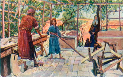 Jesus trabalhando em casa com José e Maria de Corwin Knapp Linson