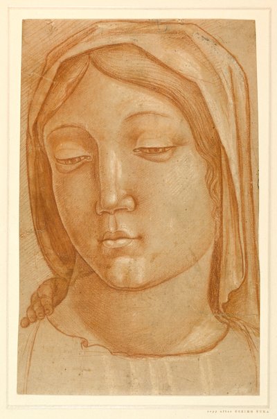 Cabeça da Virgem, com os dedos da mão de uma criança no seu ombro direito (giz vermelho no papel) de Cosimo (after) Tura
