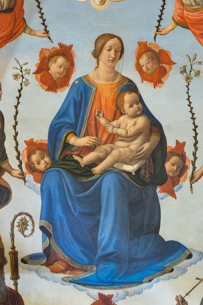 Madonna com Criança em glória, Santo Ambrósio, São Francisco de Assis, Deus Pai e anjos", Altarpiece, detalhe (fresco) de Cosimo Rosselli