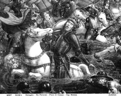 A Travessia do Mar Vermelho, detalhe do Faraó a cavalo, da Capela Sistina (fresco) (detalhe de 242595) de Cosimo Rosselli