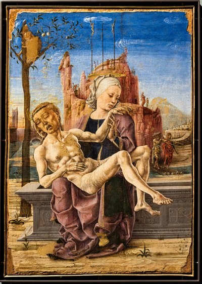 Lamentação, de Cosmé Tura, c.1460. Na parte superior esquerda da pintura, um macaco é mostrado agarrado aos galhos de uma macieira. É uma alusão à árvore do Bem e do Mal e à tentação do Diabo no Paraíso terrestre. de Cosimo Tura
