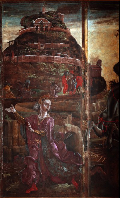 São Jorge e o Dragão, detalhe da Princesa - óleo sobre painel de Cosimo Tura