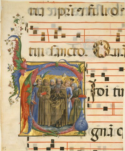 Iluminação do manuscrito com todos os santos em um V inicial, de um antifônico, 1450-60. de Cosmè Tura
