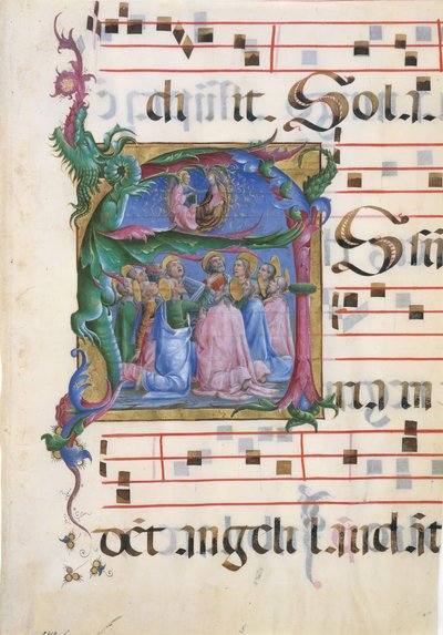 Iluminação manuscrita com a Assunção da Virgem em uma inicial A ..., 1450-60. de Cosmè Tura
