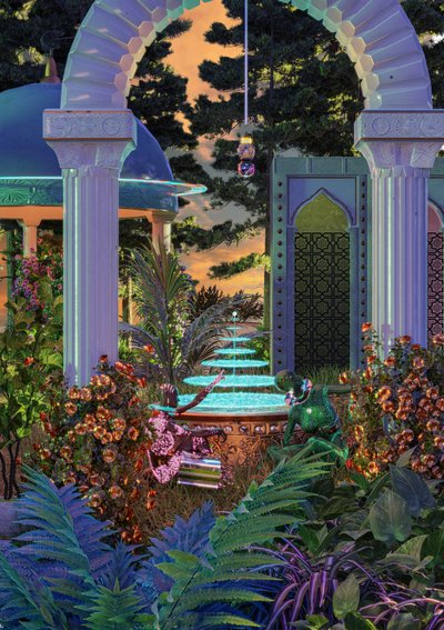 Fonte de jardim exótica ao pôr do sol de CosmoZach