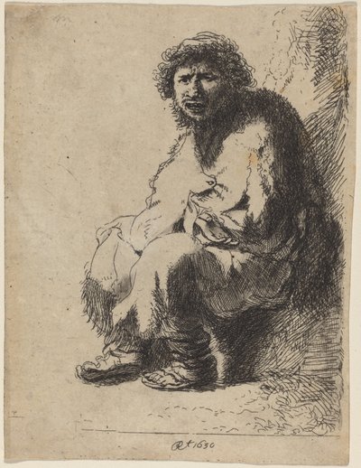 Mendigo sentado em um banco de Costantino Cumano after Rembrandt van Rijn