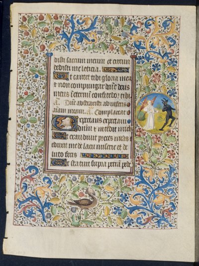 Folha de um livro de horas: Anjo perseguindo um diabo reto e Dois diabos verso, c. 1460 de Coëtivy Master
