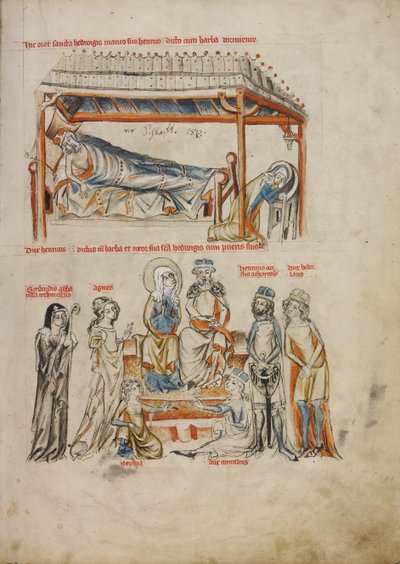 Heinrich dormindo e Edwiges rezando. Henrique e Edwiges com seus filhos, 1353 de Court workshop of Duke Ludwig I