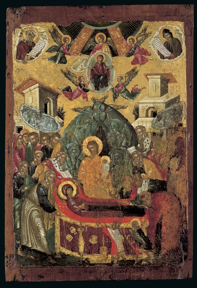 A Dormição da Virgem (tempera de ovo sobre madeira com cobre) de Cretan School