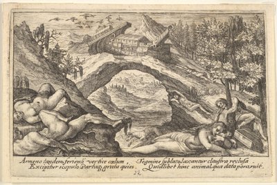 Consequências do Dilúvio: corpos humanos espalhados em terra seca em primeiro plano, a charneca da arca de Noé..., 1612. de Crispijn de Passe I