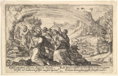Deus faz uma aliança com Noé: junto a uma pira fumegante Noé ajoelha-se num gesto de p..., 1612. de Crispijn de Passe I