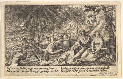 O início do Dilúvio: homens e mulheres sobem a um terreno mais alto à direita, a água ultrapassa..., 1612. de Crispijn de Passe I