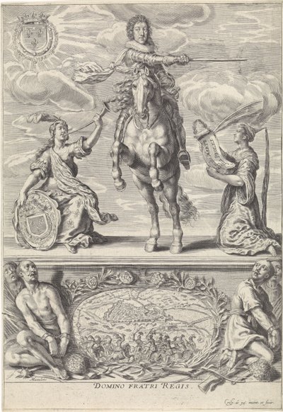 Retrato de Gaston Jean-Baptiste de Orléans, a cavalo Domino Fratri Regis. (título no objeto) de Crispijn van de Passe (II)