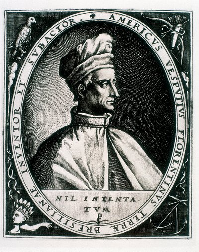 Retrato de Amerigo Vespucci, inscrição "Americus Vesputius Florentinus Terrae Bresilianae Inventoret Subactor" (gravura) de Crispin I de (after) Passe