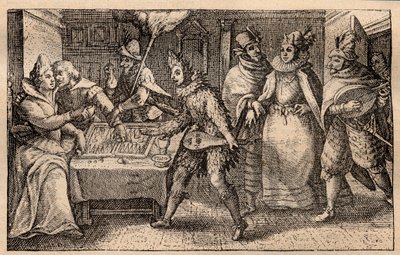 Uma festa de gamão com jogadores de gamão - gravura holandesa em chapa de cobre; de um conjunto de gravuras, Hortus Voluptatem, de Crispin de Passe (1550-1643) - Um casal a jogar gamão surpreendido por cinco homens com máscaras gravadas por Crispin de Pass de Crispin I de Passe