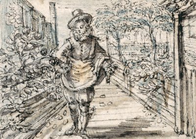 Um passeio juvenil elegantemente vestido em um jardim de rosas da cidade (caneta e tinta marrom com lavagem marrom e cinza sobre papel) de Crispin I de Passe