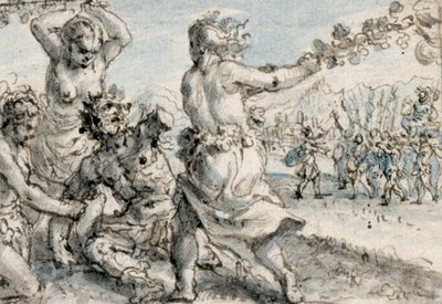 Maenads batendo Penteu, início do século 17 (caneta e tinta marrom com lavagens marrom, azul e cinza) de Crispin I de Passe