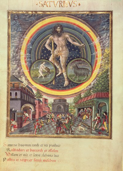 C129 Saturno com os signos zodiacais de Aquário e Capricórnio, de "De Sphaera", c.1470 (velino) de Cristoforo (attributed to) De Predis