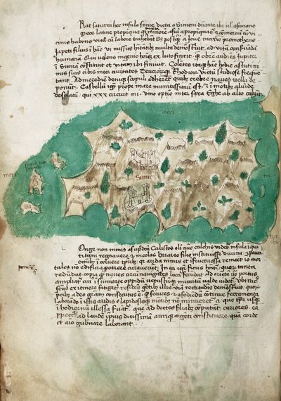 Symi, levantamento cartográfico da ilha grega, com notas manuscritas em velino de Cristoforo Buondelmonti