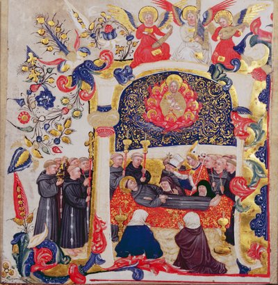 Habitada inicial &39;A&39; representando o funeral de São Francisco, c.1410 de Cristoforo Cortese
