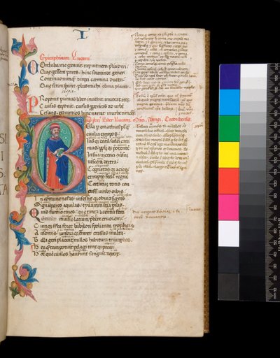 Sra. 325. Lucan, Bellum Civile, e outras obras, f.10r. Inicial iluminada [B], habitada por um retrato de autor, estendendo-se até uma borda parcial da folhagem, c.1400-10 (pergaminho) de Cristoforo Cortese